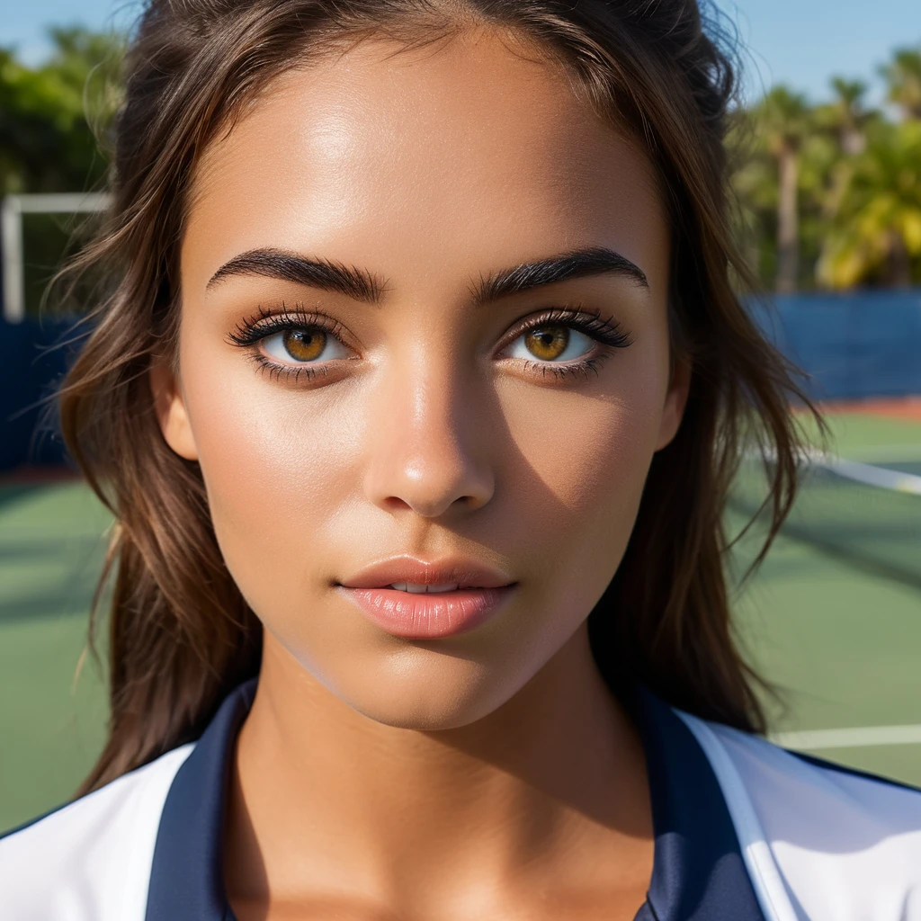 a Colombian woman with brown hair, yeux noirs, en tenue de sport debout à côté d'un terrain de tennis, groupe, high quality, Belle pose, time, dribble, Coachella, Floride, full cheeks, flux, f4 visage parfait, symmetrical eyes, corps parfait, very detailed skin, peau mate, photographie professionnelle, 8k, photo brute, best quality, masterpiece, photo-realistic, very detailed, Cinematic lighting, sharpness, DSLR, high resolution, Photorealistic