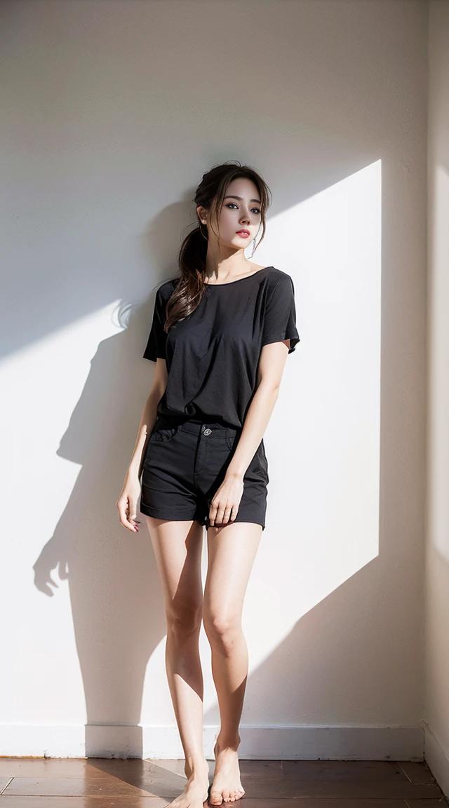 Dark brown hair、Light brown eyes、Japanese actress、 Lady、I am about 40 years old...........、(Intricate details:1.2)、 (Ultra-high resolution:1.2)、Ultra-high resolution、(fine adjustment)、(Detailed facial features)、Hmph、8k resolution、D cup size breasts、Long Hair、Bright terrace room with sunlight streaming in、Large windows、Extravagant space、relax、、,Full body photo、Head to toe shot、Beautiful feet、black　Loose fit openwork T-shirt、Underwear shorts、Beautiful feet、Bright terrace room with sunlight streaming in、she, household items,   (plant:0.8), Fashion Hub, Very detailed, Very detailed, Realistic, Hourglass Shaped Body, Obscene pose,、Messy Hair、Messy ponytail、Leaning against a wall、I cry a lot、tears、Skin is visible through the knit、White floor、White wall、A masterpiece of transparent painting、