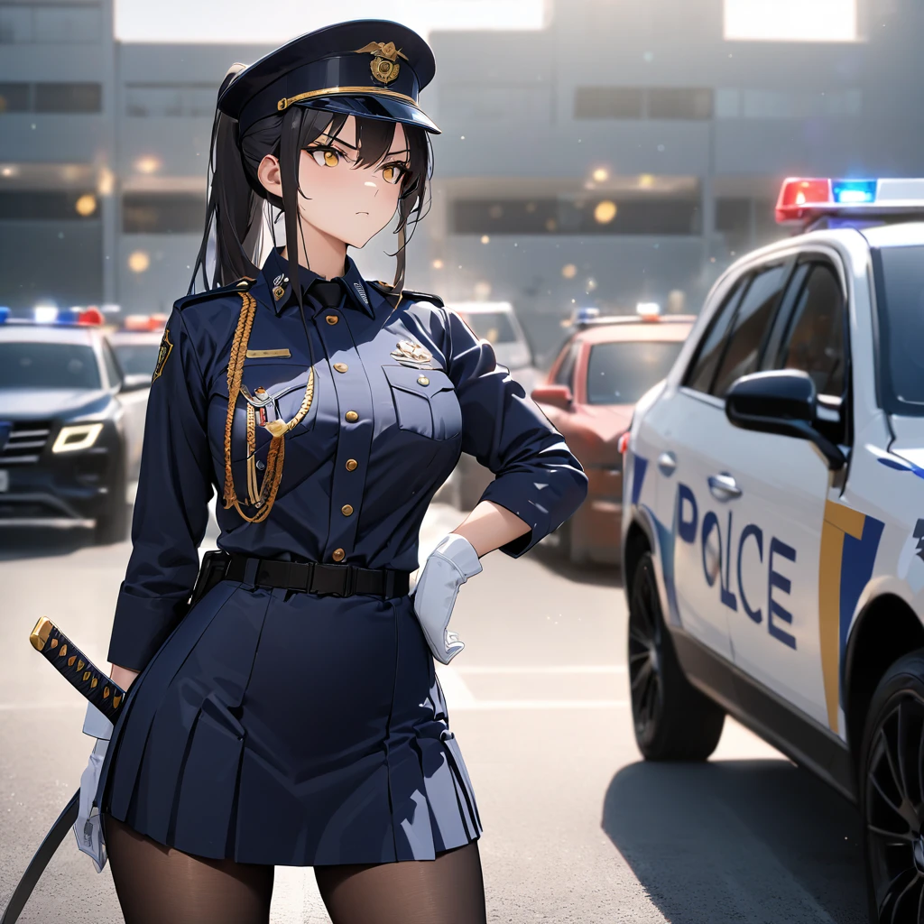 A woman wearing a navy blue Japanese police uniform, large breasts, navy blue skirt, black tights, black heels, navy blue military hat with gold details, wearing sunglasses, serious face, white gloves, with medals on her uniform, standing , in a car park next door with a police car, well detailed car, katana on the waist, black hair, long hair, ponytail hair, yellow eyes..closve view,,(solo woman) ,UHD , prime work , accurate , anatomically correct , textured skin , super details , high quality , best quality, 8k, high resolution, bokeh effect.
