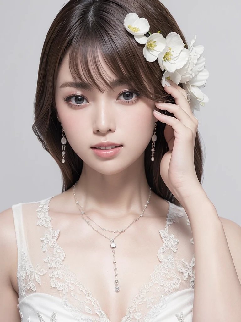 White Background、Professional Lighting、(((Professional Lighting 1.5)))、Translucent skin texture、Beautiful Skin、Beautiful Skin、、(((Whitening 1.5)))、、、音符のEcstasy、((White lace dress 1.5))、、Mid-shot photo、Simple earrings and necklace、((white hair))、Tie your hair up、sex appeal、Sex Appeal、Ecstasy、(((1.5))、