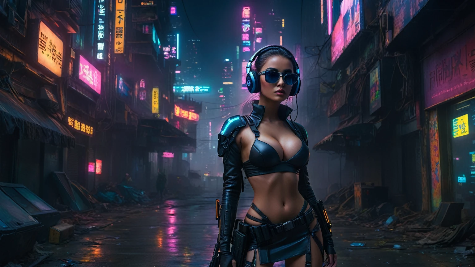 dark futuristic landscape, at night, neon lights, Atmospheric fog, large buildings in the background, futuristic city, streets with open shops, skyscraper (postapocalyptic city:1.3). (((1girl, solo, alone))), large-breast:1.2 slim body, cleavage:1.1, sexy miniskirt, (((headphone, black sunglasses, standing and holding pistol pose))), (((half-body thigh level medium shot))), cinematic lighting, lens flare, ray tracing.