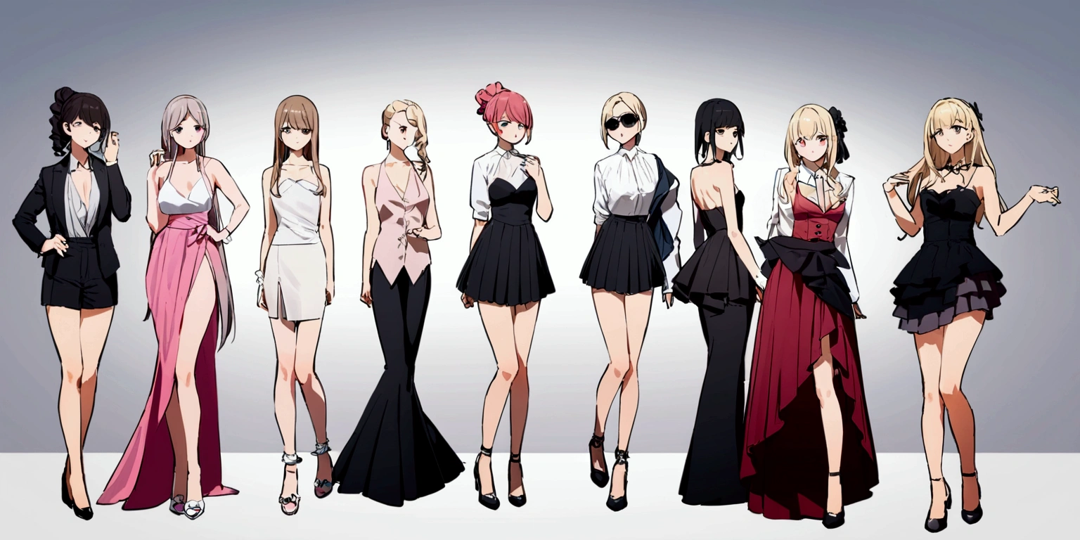 Mr.々There are many female mannequins in various poses lined up.、White background、Photo studio、Simple lighting effects、fashion、Mr.々Hairstyle、White、High quality、Ultra high definition、Fashionable clothes、カジュアルfashion、formal dress、Girly clothes、skirt、girl、