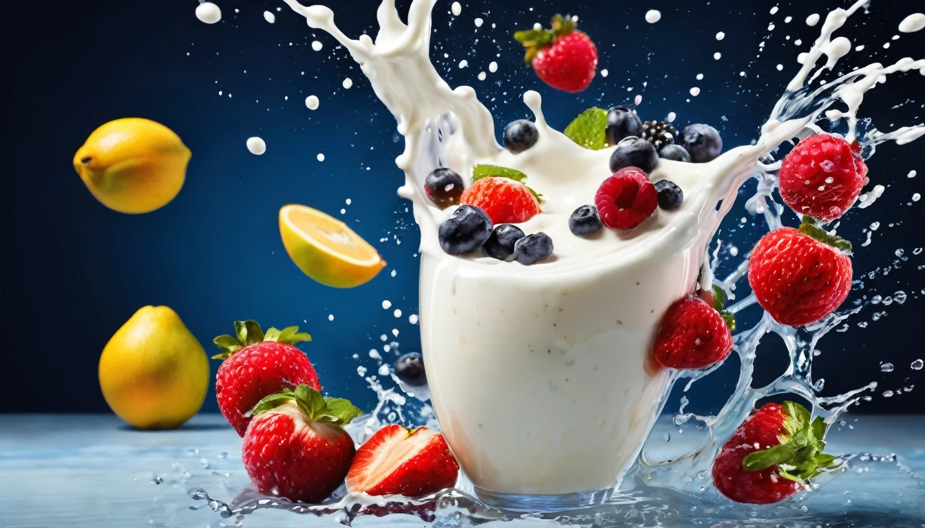 a picture of fruits splashing into yogurt like in a commercial