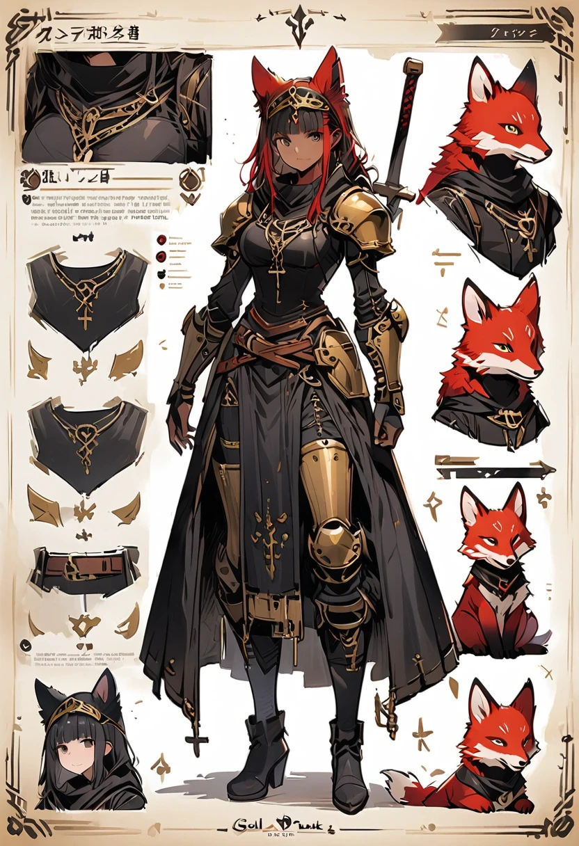 Framed Presentation of a gold toxicpunk, woman character design sheet, with detailed accessories, shoes, medieval equipament, swords, full body, perfect, ((masterpiece)), mechanical fox pet, shild, big shild