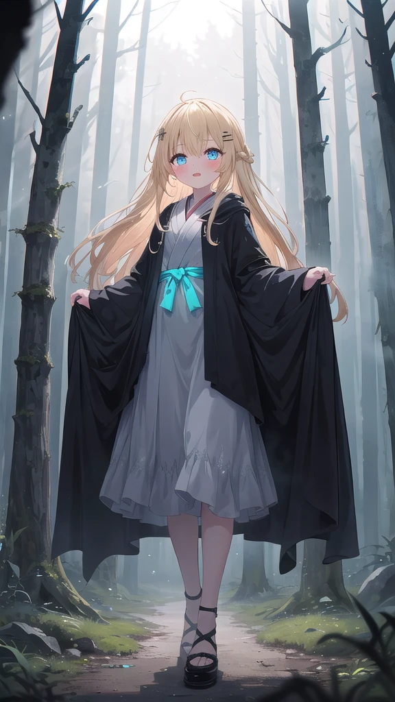 (8K, best quality, master piece: 1.3),super high resolution,1 girl, solo, full body ,ultra-detailed face, blush, blonde hair, (long hair:1.3), thin hair clip, cyan colorshift eyes, expressive eyes, Ecstatic expression, Dark Mystical Robe, She stands in an ancient, misty forest, (with the faint glow of her magic illuminating the surroundings)