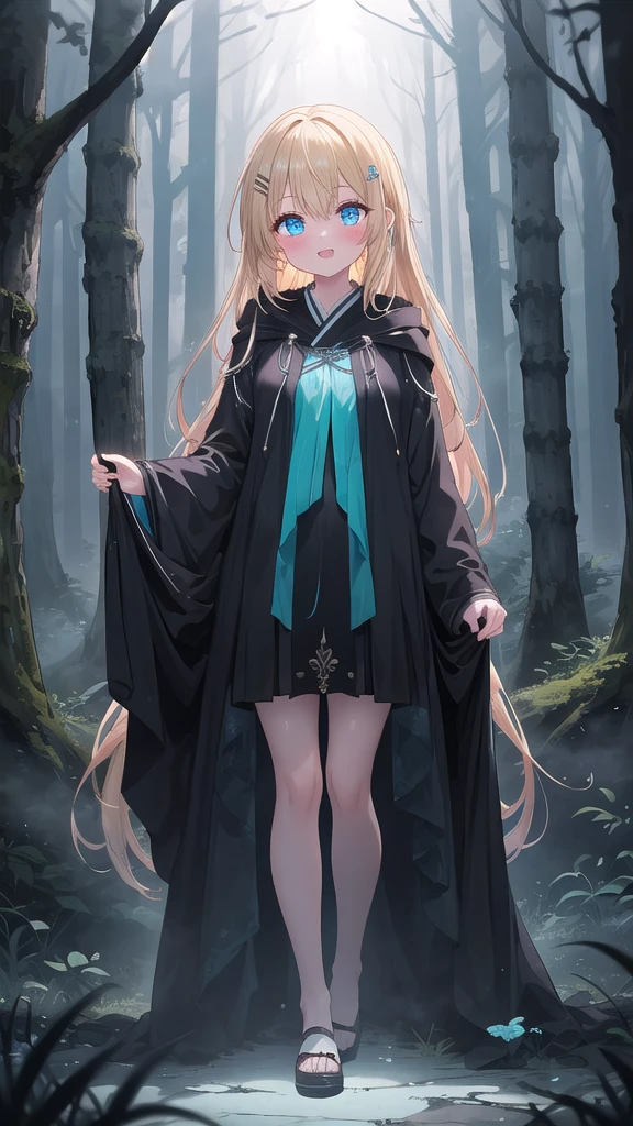 (8K, best quality, master piece: 1.3),super high resolution,1 girl, solo, full body ,ultra-detailed face, blush, blonde hair, (long hair:1.3), thin hair clip, cyan colorshift eyes, expressive eyes, Ecstatic expression, Dark Mystical Robe, She stands in an ancient, misty forest, (with the faint glow of her magic illuminating the surroundings)