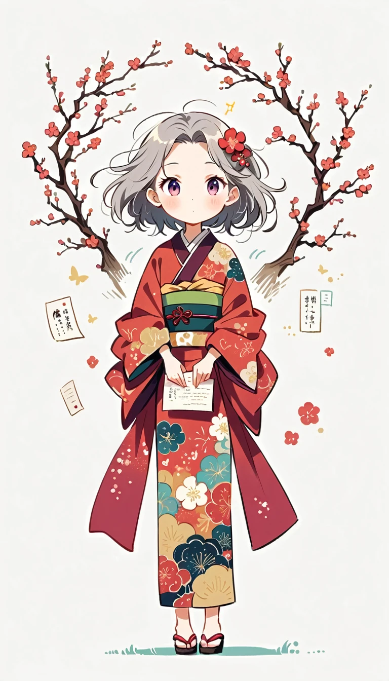 white background, Fujichoco style, kimono, (((The Most Beautiful Girl))), gray hair, ((plum tree, Plum blossoms, wish paper)), simple background, Simple line initialism, full body,