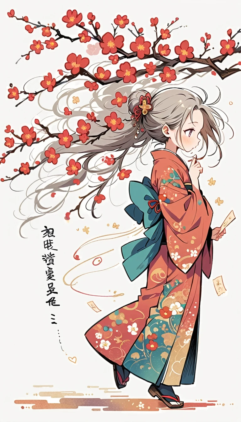 white background, Fujichoco style, kimono, (((The Most Beautiful Girl))), gray hair, ((plum tree, Plum blossoms, wish paper)), simple background, Simple line initialism, full body,