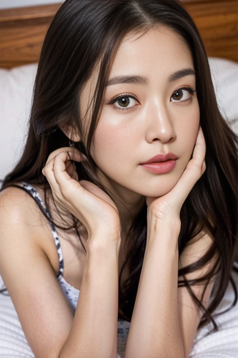 ((highest quality, masterpiece :1.3)), Photorealistic、Ultra-high resolution、Natural skin texture、Hyperrealism、Near Movies、Beautiful Japanese girl in her early teens、One girl、Tight crop top、Lying in bed、Frightened expression、Tears flowing