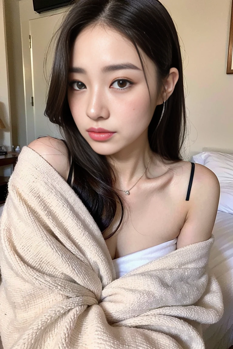 Dark brown hair、Light brown eyes、Japanese actress、 Lady、I am about 40 years old.........、(Intricate details:1.2)、(Which is the top?????????:1.4)、 (Ultra-high resolution:1.2)、Ultra-high resolution、(fine adjustment)、(Detailed facial features)、Hmph、8k resolution、D cup size breasts、Long Hair、Bedroom、disease、ベッドでdisease、Place a towel on your forehead to cool it down、Lying in bed、Please cover yourself with a blanket.、Full body photo、Wide-angle、summer、