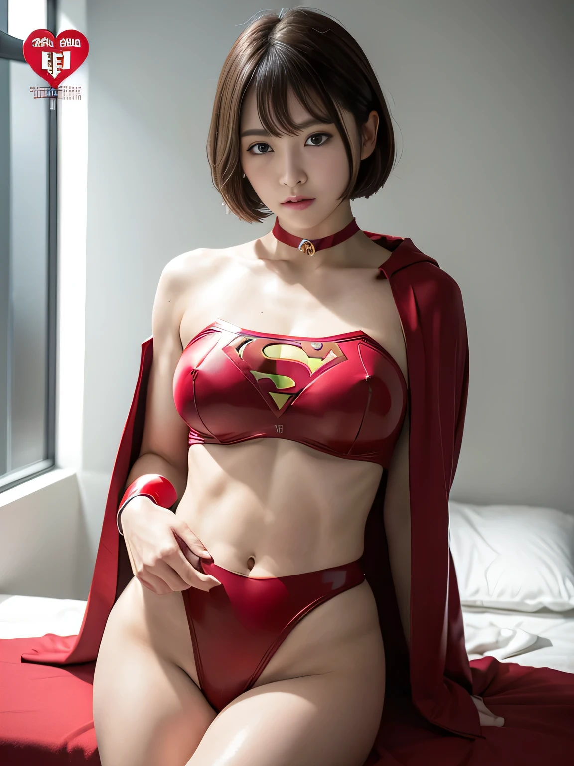 masterpiece、Rubber Supergirl Costume、Short Hair、Hospital operating table、Crisis situation、Big and ample breasts、looking at the camera、Shiny、Off the shoulder、choker、Long sleeve、exy poses to seduce、Sweaty skin、Model body type、Alluring、charm、Enchanting、Abused、test subject、victim、Wild、Photorealistic、latex、Expose your belly、athlete、High leg、Photo magazine cover、Red cloak、Beautiful shin、wallpaper for pc、