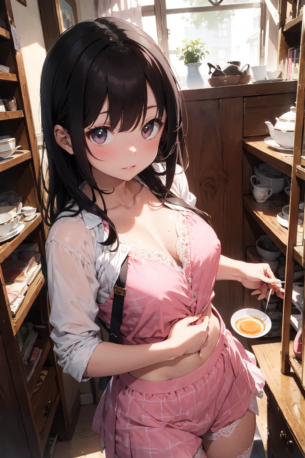 1girl, solo, hair ornament, (naked:1.3), (white apron), large breasts, cleavage, thighs, kitchen background, (blushing:1.3), naga, brown hair, ponytail, golden eyes, dark skin, gal, naga, lewd, she is wet and in sourcream, cream over the face, holding a banana, banana