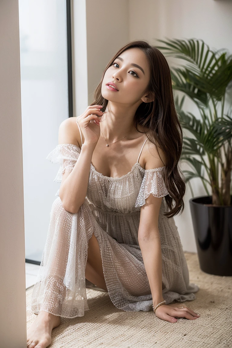 Dark brown hair、Light brown eyes、Japanese actress、 Lady、I am about 40 years old...、(Intricate details:1.2)、(Which is higher???:1.4)、 (Ultra-high resolution:1.2)、Ultra-high resolution、(fine adjustment)、(Detailed facial features)、Hmph、8k解像度、D cup size breasts、Long Hair、Large windows、Extravagant space、relax、、,Full body photo、Head to toe shot、Beautiful feet、Camisole dress、Beautiful feet、A refreshing room filled with sunlight、she, household items, (plant:0.8), Fashion Hub, Extremely detailed, Very detailed, Realistic, Hourglass Shaped Body, Obscene pose,、、私 cry a lot、tears、person on the left、White wall、White floor、diagonally from below、please lift your chin、Put your butt against the wall、relaxした表情、Pose of Weakness、(auraroid photo:1.2)、From outside the window、Transparent painting、8k、32k、Highest quality、(Details of both eyes)、1 girl、elegant、(Loose dress :1.4)、sunset、sit、(Low - Angle、I looked up and saw this:1.2)、Hilarious、Leaning against a wall、Looking into the camera、