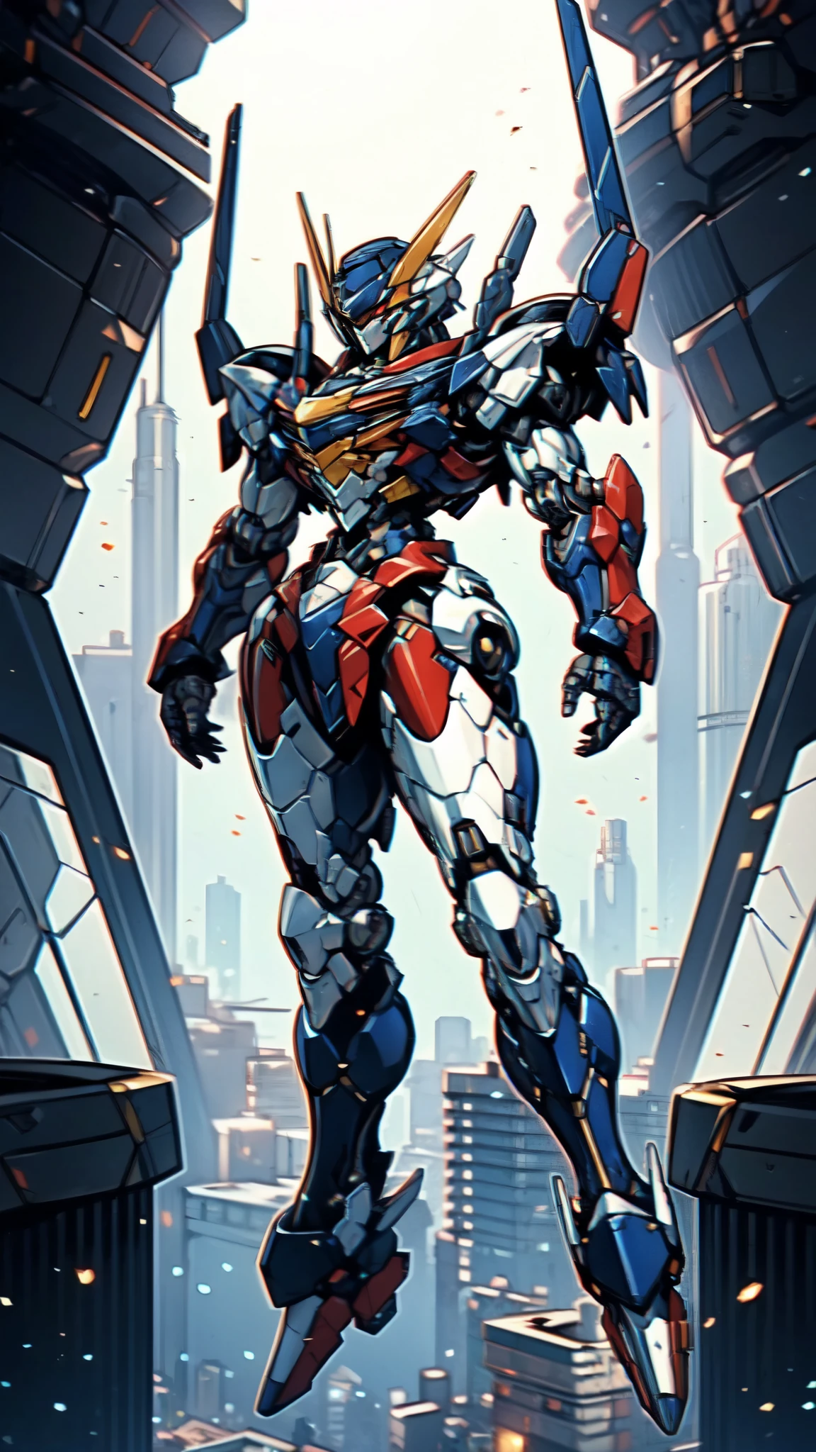 (masterpiece:1.5, best quality:1.5, extremely delicate:1.5), humanoid Mecha, fully enclosed shoulder guards, matching arm and leg guards, full body, full armor, the design balances heavy with agility, (the color scheme is primarily white with red and blue accents, the concept Inspired by Super robot, organic biotech armor, standing, floating high above the futuristic sci-fi city), exquisite and mature art style, (aura effect, energy, glowing eyes, the armor glows), ((RRS:1.2)), metallic, dramatic, high definition, highres, ultra-detailed, ultra-fine painting, professional, perfect body proportions, anatomically correct, symmetrical face, extremely detailed eyes and face, high quality eyes, creativity, RAW photo, UHD, 32k, Natural light, cinematic lighting, masterpiece-anatomy-perfect