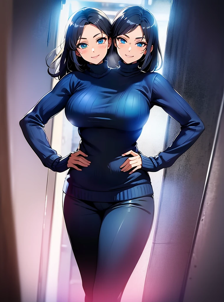 best quality, (masterpiece),(ultra-detailed), (high quality), (high resolution), ((2heads:1.5)), best quality:1.5, highres, UHD, 16K), smiling, highres, masterpiece, ((black hair with blue highlights)), ((Rome background)), blue eyes, ((black turtleneck sweater)), blue track pants, cowboy shot, ecchi style, anime girls, dark gloves