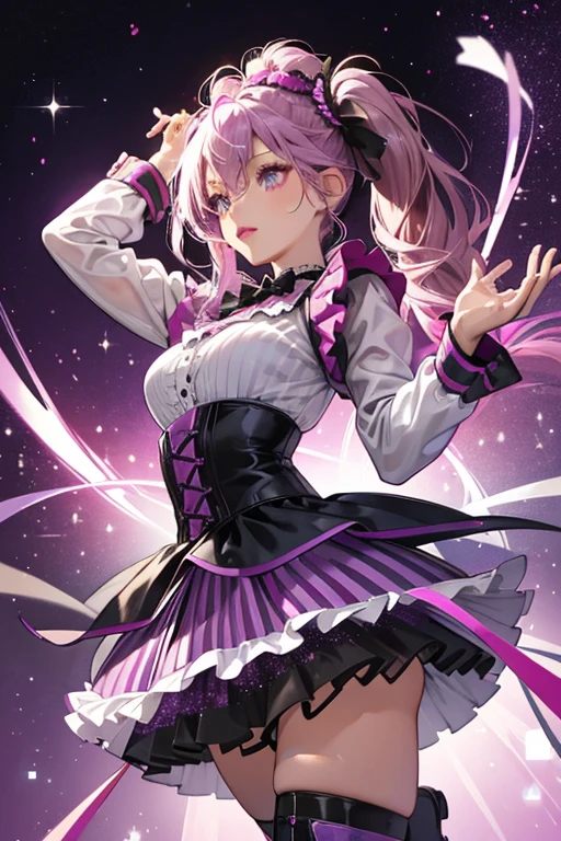 Storm E. has tan brown skin with magenta lips and carnation pink cheeks. She has long violet purple hair worn in pigtails with violet streaks through it. She wears a glittery magenta bow on the top of her head.
Her outfit consists of a silver jacket over a black and white striped top, and a black two layer tutu skirt made of tulle. She also has black boots with purple laces; one of which is untied, and wears tights of violet purple and magenta pink stripes. SPARKLE; GLITTER