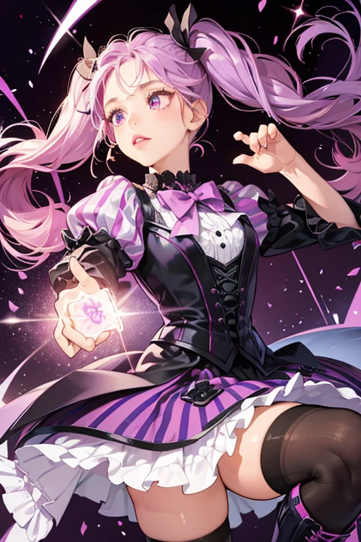 Storm E. has tan brown skin with magenta lips and carnation pink cheeks. She has long violet purple hair worn in pigtails with violet streaks through it. She wears a glittery magenta bow on the top of her head.
Her outfit consists of a silver jacket over a black and white striped top, and a black two layer tutu skirt made of tulle. She also has black boots with purple laces; one of which is untied, and wears tights of violet purple and magenta pink stripes. SPARKLE; GLITTER