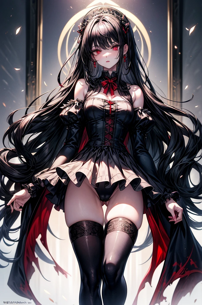masterpiece, super detailed, precision art, beautiful young woman, 18 years old, waist length straight silky black hair, flawless pale white skin, beautiful blood red eyes, symmetrical face, sexy and beautiful but dangerous and deadly, staring into her eyes is as if you are being marked by a predator, thick and plump blood red lips, slender and athletic body, modest breasts, modest curves, small round ass, tall height(180cm), wearing elegant yet battle ready French maid uniform, thigh-high stockings and detached sleeves, hip level shot
