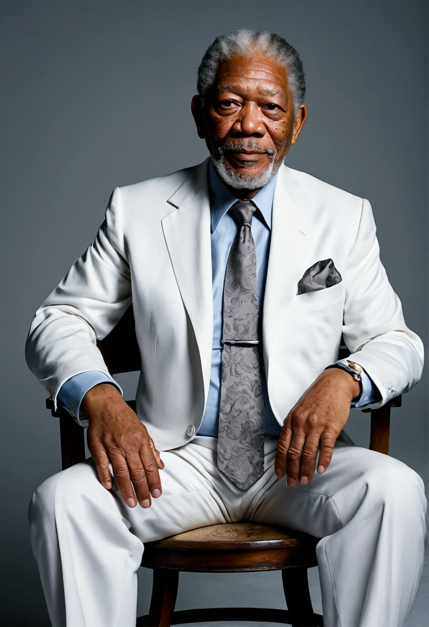 A man wearing a white suit、Man wearing tie sitting on chair, Morgan Freeman, Morgan Freeman as Gordon Freeman, Portrait of Morgan Freeman, Handsome man, Victory pose, Striking an elegant pose, An 80-year-old man, He has a beard，Gray hair, Artistic pose, an old one, 2 0 1 1, 2011, Surreal, Very detailed, 8K.