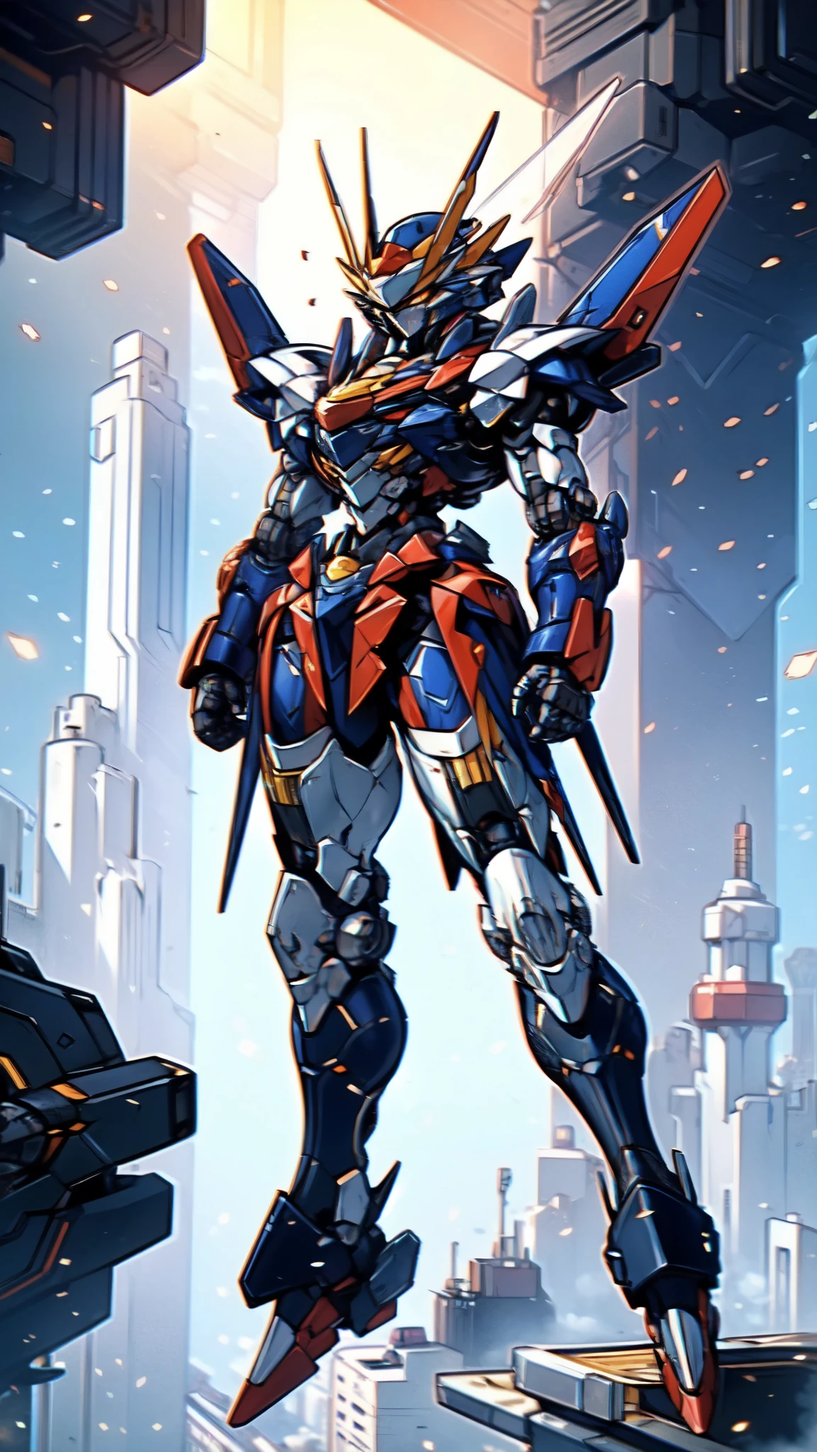 (masterpiece:1.5, best quality:1.5, extremely delicate:1.5), humanoid Mecha, fully enclosed shoulder guards, matching arm and leg guards, full body, full armor, the design balances heavy with agility, (the color scheme is primarily white with red and blue accents, the concept Inspired by Super robot, organic biotech armor, standing, floating high above the futuristic sci-fi city), exquisite and mature art style, (aura effect, energy, glowing eyes, the armor glows), ((RRS:1.2)), metallic, dramatic, high definition, highres, ultra-detailed, ultra-fine painting, professional, perfect body proportions, anatomically correct, symmetrical face, extremely detailed eyes and face, high quality eyes, creativity, RAW photo, UHD, 32k, Natural light, cinematic lighting, masterpiece-anatomy-perfect