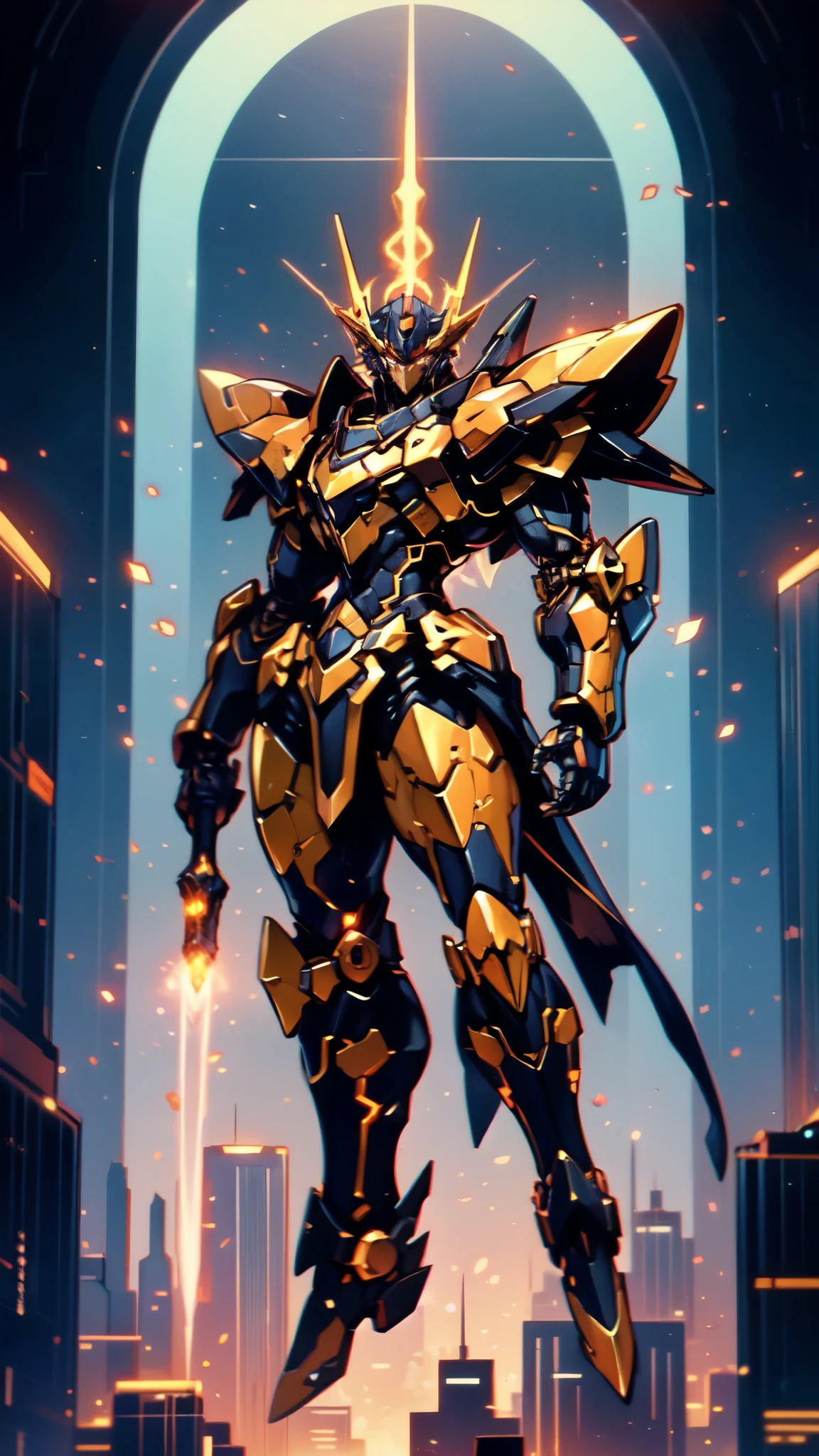 (masterpiece:1.5, best quality:1.5, extremely delicate:1.5), humanoid Mecha, fully enclosed shoulder guards, matching arm and leg guards, full body, full armor, the design balances heavy with agility, (the color scheme is primarily white with red and blue accents, the concept Inspired by Super robot, organic biotech armor, standing, floating high above the futuristic sci-fi city), exquisite and mature art style, (aura effect, energy, glowing eyes, the armor glows), ((RRS:1.2)), metallic, dramatic, high definition, highres, ultra-detailed, ultra-fine painting, professional, perfect body proportions, anatomically correct, symmetrical face, extremely detailed eyes and face, high quality eyes, creativity, RAW photo, UHD, 32k, Natural light, cinematic lighting, masterpiece-anatomy-perfect
