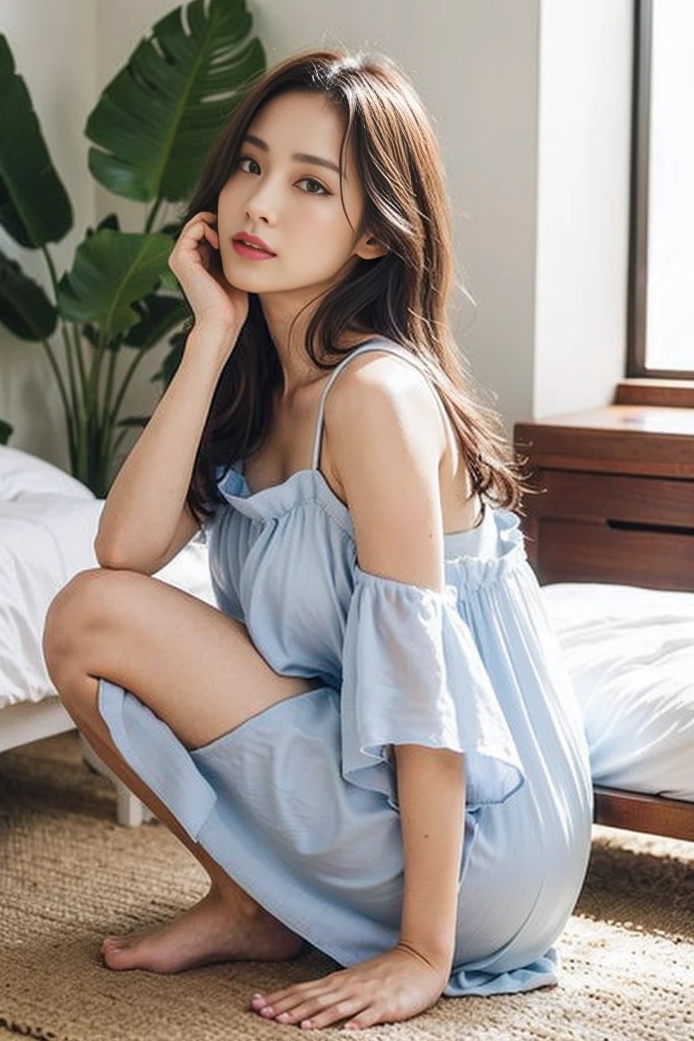 Dark brown hair、Light brown eyes、Japanese actress、 Lady、I am about 40 years old...、(Intricate details:1.2)、(Which is higher???:1.4)、 (Ultra-high resolution:1.2)、Ultra-high resolution、(fine adjustment)、(Detailed facial features)、Hmph、8k解像度、D cup size breasts、Long Hair、Large windows、Extravagant space、relax、、,Full body photo、Head to toe shot、Beautiful feet、Camisole dress、Beautiful feet、A refreshing, sunny bedroom、On the bed、she, household items,   (plant:0.8), Fashion Hub, Extremely detailed, Very detailed, Realistic, Hourglass Shaped Body, Obscene pose,、、私 cry a lot、tears、person on the left、White wall、White floor、diagonally from below、please lift your chin、Put your butt against the wall、relaxした表情、Pose of Weakness、(auraroid photo:1.2)、From outside the window、Transparent painting、8k、32k、Highest quality、(Details of both eyes)、1 girl、elegant、(Loose dress :1.4)、sunset、sit、(Low - Angle、I looked up and saw this:1.2)、Hilarious、Leaning against a wall、Looking into the camera、