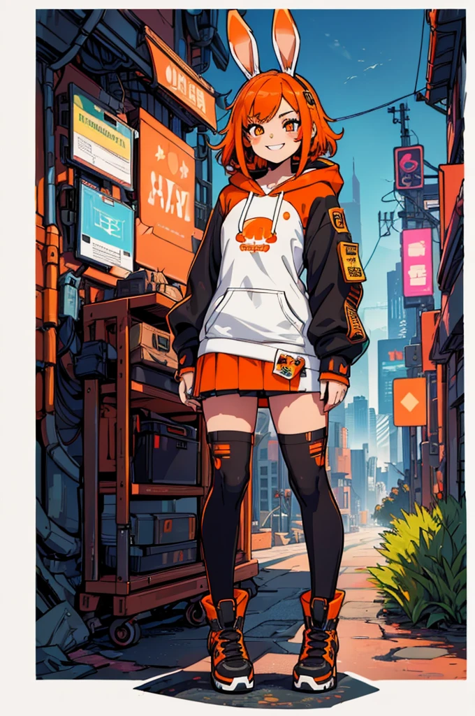 (masterpiece, best quality, high resolution, 1 (loli), very short and messy orange hair, long sleeve sweatshirt with hood with long cyberpunk style rabbit ears, very short mini skirt, long stockings, cyberpunk style boots, smile, (background white, stickers Redmond), ((full body standing)),
