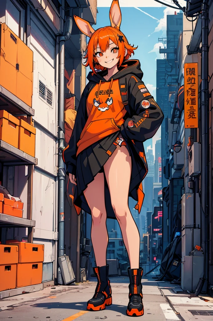 (masterpiece, best quality, high resolution, 1 (****), very short and messy orange hair, long sleeve sweatshirt with hood with long cyberpunk style rabbit ears, very short mini skirt, long stockings, cyberpunk style boots, smile, (background white, stickers Redmond), ((full body standing)),
