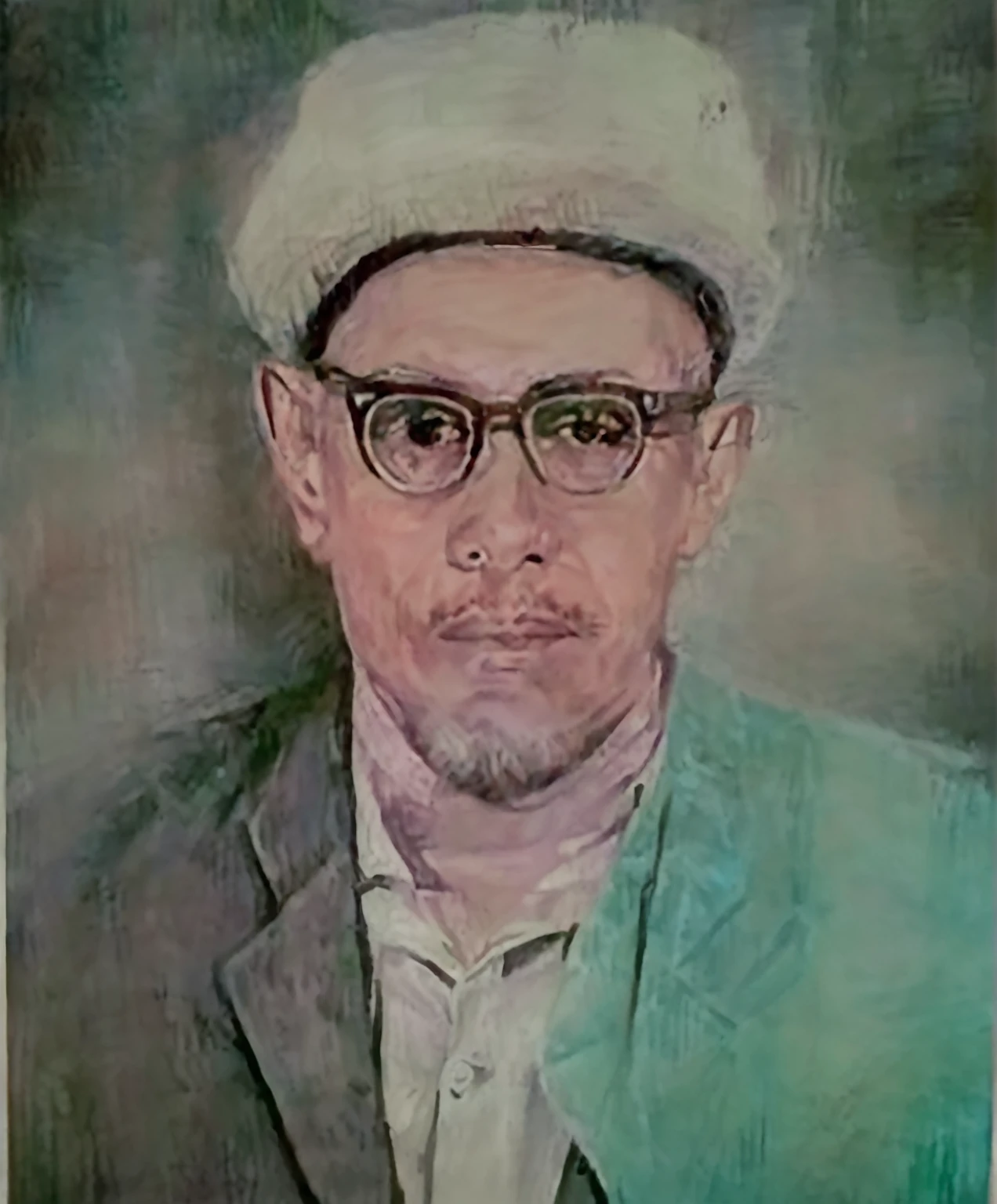 painting of a man in a hat and glasses wearing a suit, raden saleh, inspired by Abdur Rahman Chughtai, shabab alizadeh, by Abdur Rahman Chughtai, mohamed chahin, hicham habchi, ahmad merheb, mahmud barzanji, sayem reza, by Abdullah Gërguri, farid ghanbari