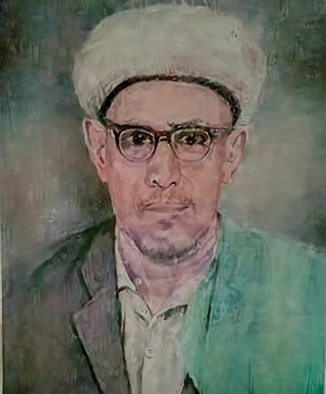 painting of a man in a hat and glasses wearing a suit, raden saleh, inspired by Abdur Rahman Chughtai, shabab alizadeh, by Abdur Rahman Chughtai, mohamed chahin, hicham habchi, ahmad merheb, mahmud barzanji, sayem reza, by Abdullah Gërguri, farid ghanbari