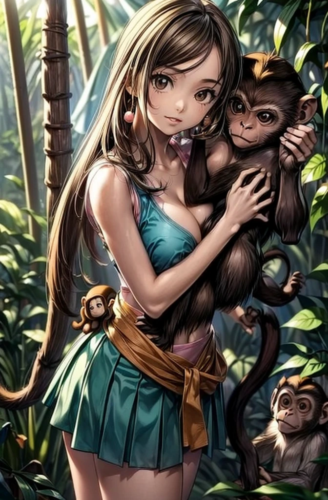 A (((tween holding a monkey and a monkey in her arms,))) Nami from one piece. Wearing micro skirt. ((And her get hugs with Lewd monkey groping her in jungle)).(realistic arts), intricate, (monkey craves her carnally), nipslip, puffy nip, ((monkey grabbing breasts))