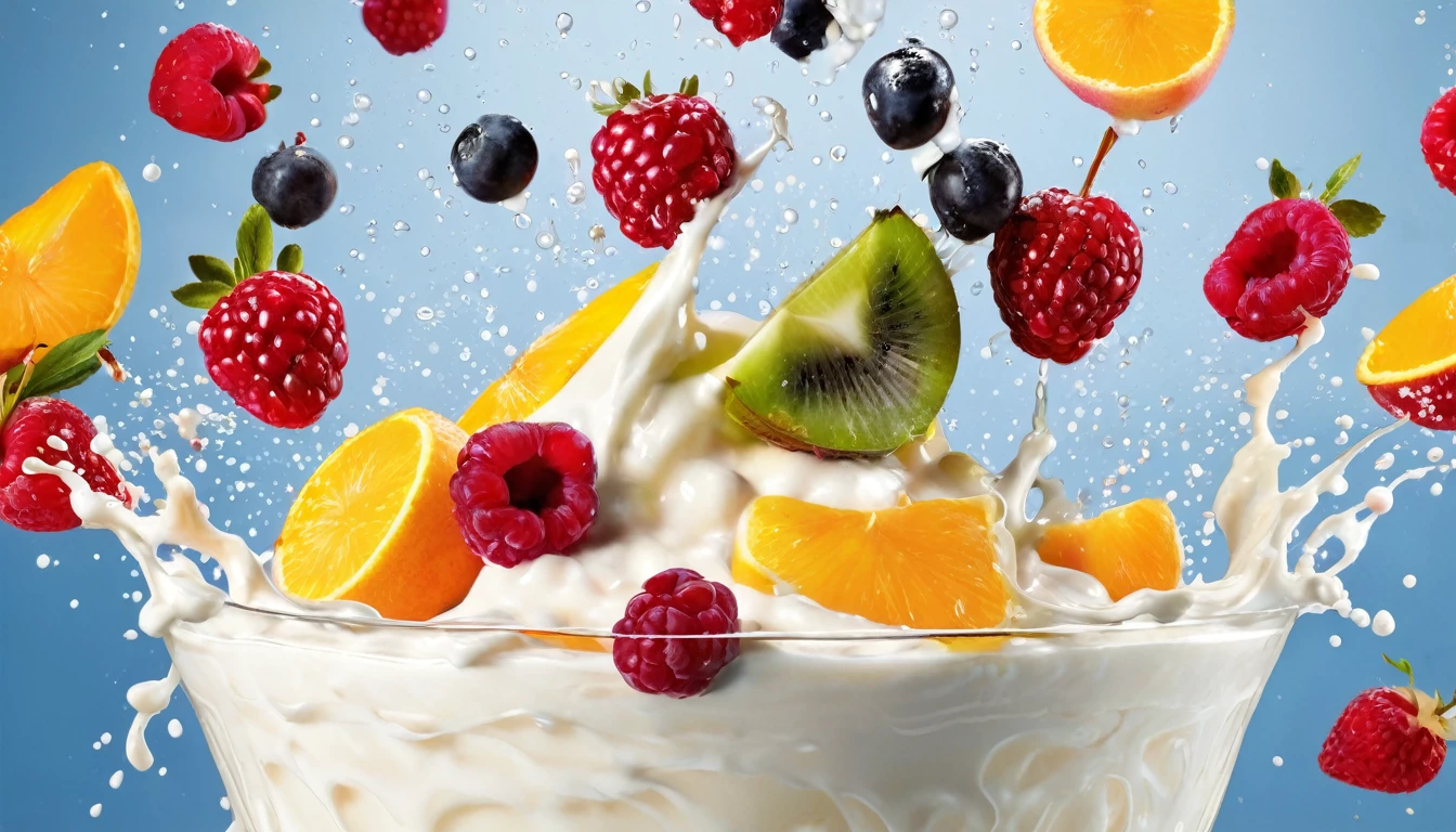 a picture of fruits splashing into yogurt like in a commercial