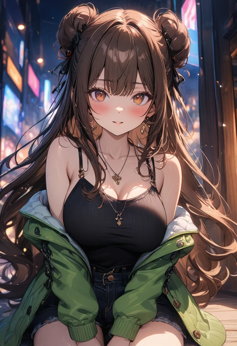 (masterpiece), best quality, very aesthetic, newest, absurdres, detailed, high quality
BREAK
highest quality, top quality, details, highres, ultra fine painting, digital art, official art, cinematic, 4k, 8k resolution, 8K CG wallpaper, CG, original artwork, detailed background, colorful background, blue atmosphere, High Dynamic Range, blurry background, blue hour, Starburst effects, crepuscular rays, good ISO, high resolution, wide shot, from far away, RAW photo, POV, sharp focus, light reflection, reflections, intricate details, soft light, particle noise, professional photography, bokeh, depth of field, natural lighting, vibrant colors, looking away, detailed lights and shadows, stylish, ultra-detailed, top rated on Pixiv, trending on Artstation, niji style, modern-days, master crafted, pose
BREAK
solo, (close up), 1girl, pale skin, correct fingers, detailed hand, (big breasts:1.2), big thighs, small torso, short body, flushtered, blush, anxious expression, embarassed, embarassed act, casual, slim, ((cute, childlike face):1.3), nice body, nice hips, brown hair, (very long flowing hair, 2 buns hairstyle), long bangs, long hair, middle hair bangs, brown eyes
BREAK
((casual straps black tanktop), off shoulders open green hoodie, modest) 
BREAK
Indoors apartment background