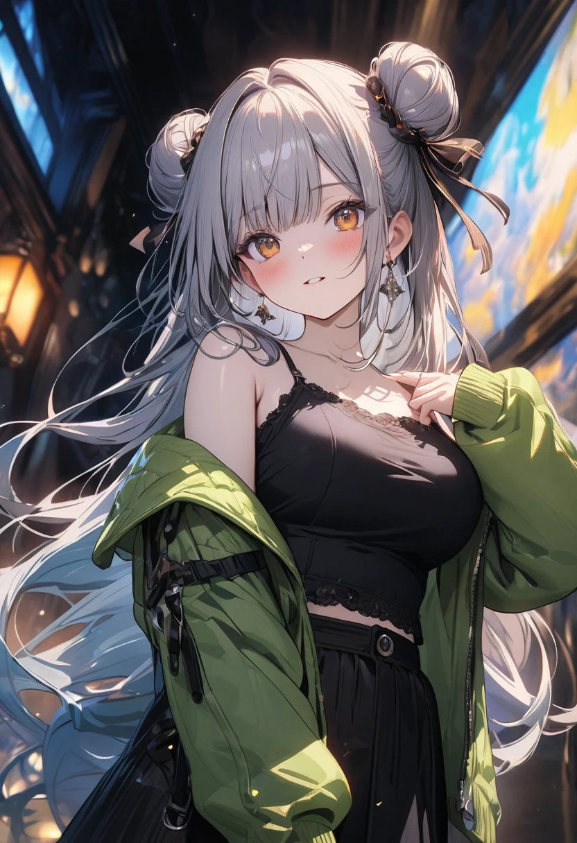 ((masterpiece:0), best quality, very aesthetic, newest, absurdres, detailed, high quality)
BREAK
highest quality, top quality, details, highres, ultra fine painting, digital art, official art, cinematic, 4k, 8k resolution, 8K CG wallpaper, CG, original artwork, detailed background, colorful background, blue atmosphere, High Dynamic Range, blurry background, blue hour, Starburst effects, crepuscular rays, good ISO, high resolution, wide shot, from far away, RAW photo, POV, sharp focus, light reflection, reflections, intricate details, soft light, particle noise, professional photography, bokeh, depth of field, natural lighting, vibrant colors, looking away, detailed lights and shadows, stylish, ultra-detailed, top rated on Pixiv, trending on Artstation, niji style, modern-days, master crafted, pose
BREAK
solo, close up shot, from above shot, 1girl, pale skin, correct fingers, detailed hand, (medium big breasts:1.7), big thighs, short torso, short body, flushtered, blush, anxious expression, casual, slim, ((cute, childlike face):1.3), nice hips, nice body, brown hair, (long flowing hair), big 2 buns hairstyle, long bangs, long hair, middle hair bangs, brown eyes
BREAK
(black string tank top, choker, off shoulder open green hoodie, (tummy skin), open unbuttoned shorts, many colors outfit ornaments)
BREAK
a person walking down a street with a crowd of people, crowded street, crowded streets, in front of a large crowd, giant crowd, girl walking through city, people walking down a street