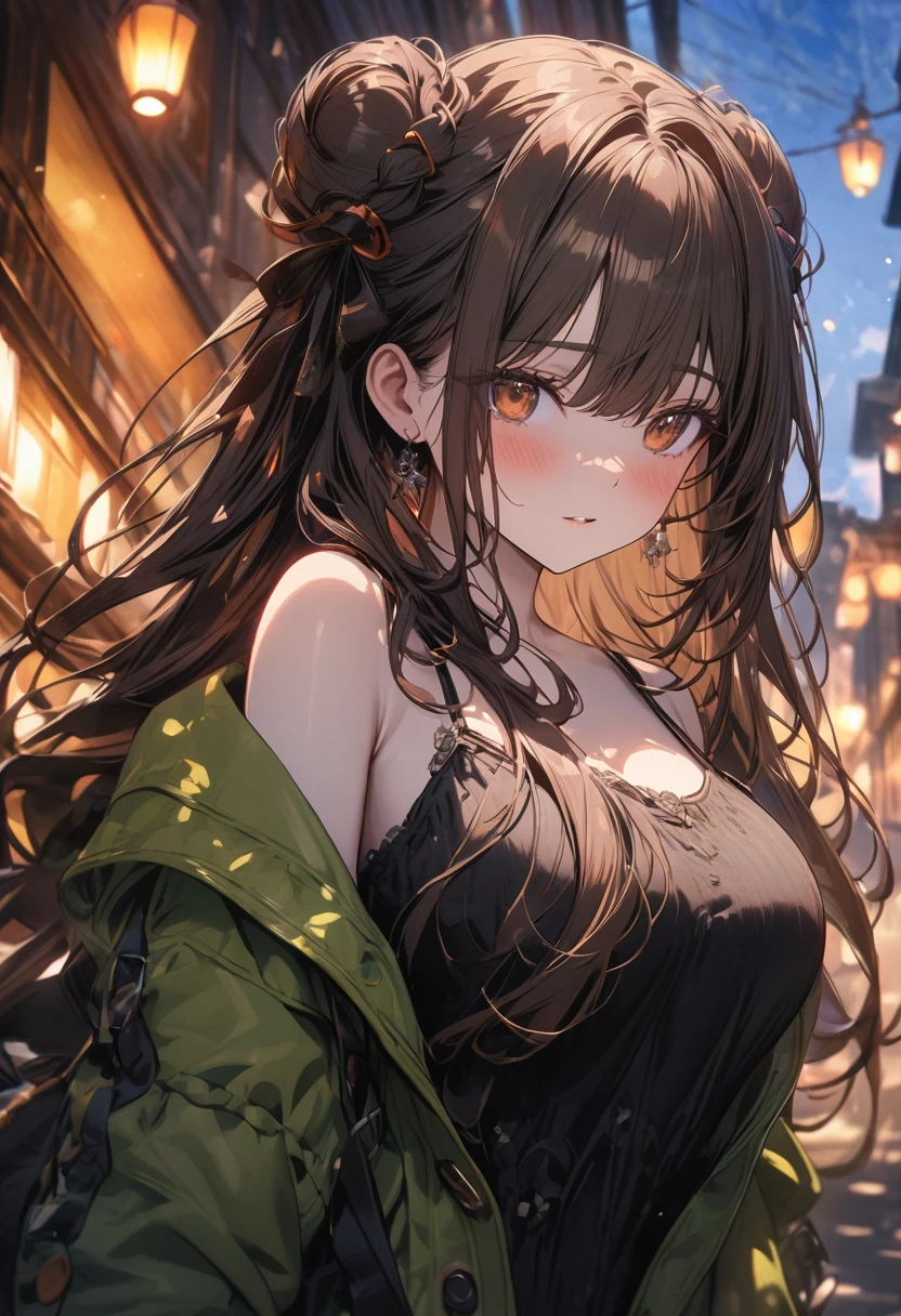 (masterpiece), best quality, very aesthetic, newest, absurdres, detailed, high quality
BREAK
highest quality, top quality, details, highres, ultra fine painting, digital art, official art, cinematic, 4k, 8k resolution, 8K CG wallpaper, CG, original artwork, detailed background, colorful background, blue atmosphere, High Dynamic Range, blurry background, blue hour, Starburst effects, crepuscular rays, good ISO, high resolution, wide shot, from far away, RAW photo, POV, sharp focus, light reflection, reflections, intricate details, soft light, particle noise, professional photography, bokeh, depth of field, natural lighting, vibrant colors, looking away, detailed lights and shadows, stylish, ultra-detailed, top rated on Pixiv, trending on Artstation, niji style, modern-days, master crafted, pose
BREAK
solo, (close up), 1girl, pale skin, correct fingers, detailed hand, (big breasts:1.2), big thighs, small torso, short body, flushtered, blush, anxious expression, embarassed, embarassed act, casual, slim, ((cute, childlike face):1.3), nice body, nice hips, brown hair, (very long flowing hair, 2 buns hairstyle), long bangs, long hair, middle hair bangs, brown eyes
BREAK
((casual straps black tanktop), off shoulders open green hoodie, modest) 
BREAK
Indoors apartment background