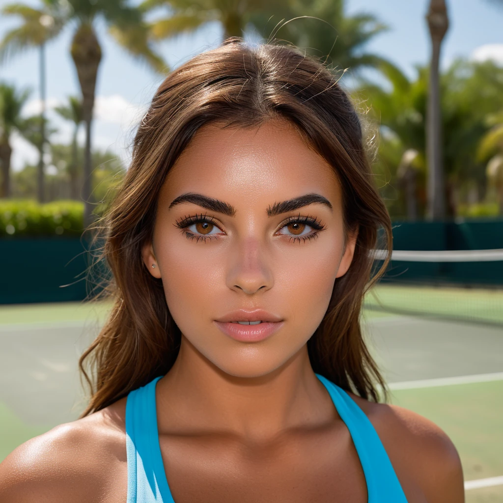 a Colombian woman with brown hair, yeux noirs, en tenue de sport debout à côté d'un terrain de tennis, groupe, high quality, Belle pose, time, dribble, Coachella, Floride, full cheeks, flux, f4 visage parfait, symmetrical eyes, corps parfait, full  body, very detailed skin, peau mate, photographie professionnelle, 8k, photo brute, best quality, masterpiece, photo-realistic, very detailed, Cinematic lighting, sharpness, DSLR, high resolution, Photorealistic