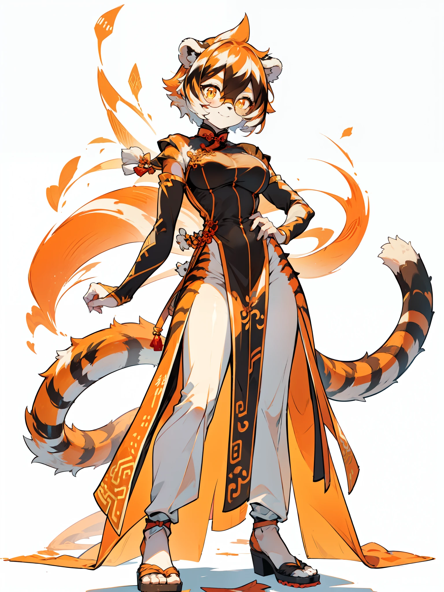 white background, full body,1girl，solo, Standing, animal ears, white hair, black hair, short hair, large breasts, Abdominal muscles,, tail, orange eyes, orange hair, multicolored hair, tiger girl, hair between eyes, tiger_ears, tiger_tail, orange-tinted_eyewear, tinted_eyewear, big breasts, evil smile, Shadows under feet,  (((Chinese wedding dress outfit:1.2))),