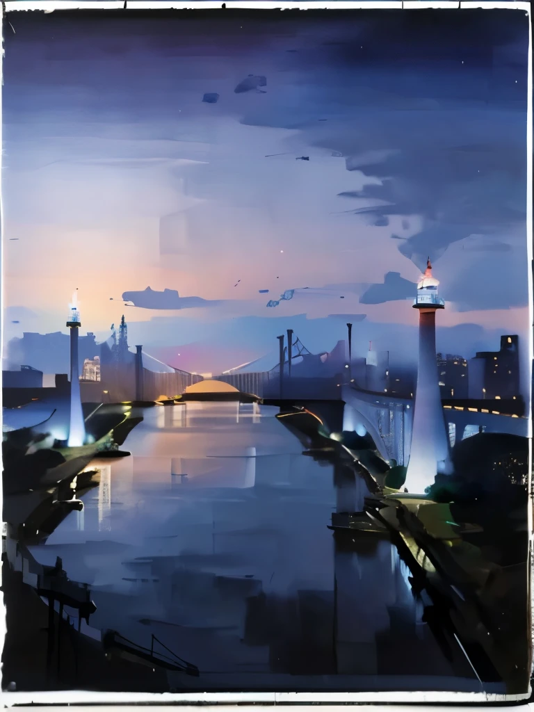 Minimalist illustration style，There is a photo of the city，There is a bridge and a river above, There are corresponding glowing lighthouses on both sides，by Zha Shibiao,  inspired by Zha Shibiao, Tall towers and bridges, Matte V-Ray, 1 illuminated bridge across the river, Beautiful city