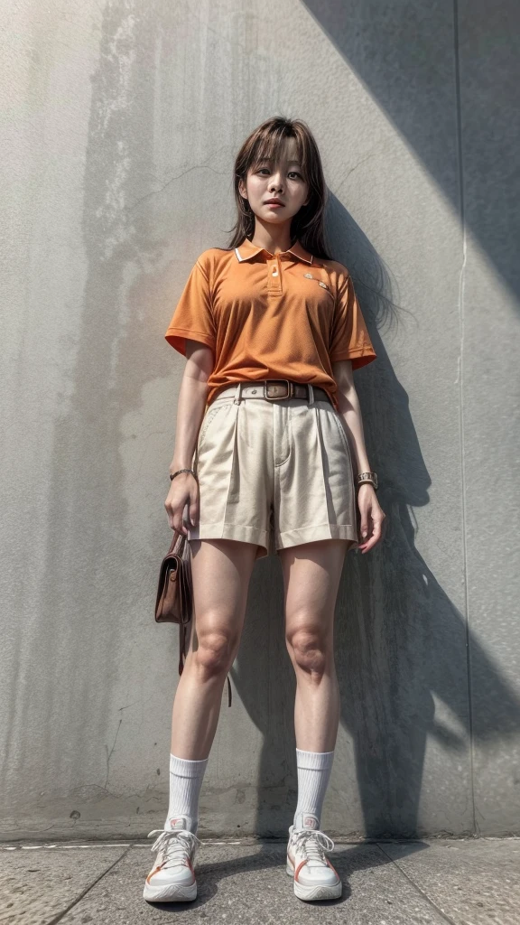 From below, a South Korean woman in her 40's standing. She is wearing an orange polo shirt, belt, beige chino shorts, white knee-high socks, and white tennis shoes. Her shoes are visible.