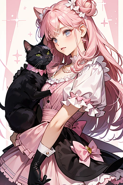 Streamers is fair-skinned with light pink cheeks and fuchsia hair pulled into low buns, held by a black bow to match her black cat ears. She wears a light purple blouse with a frilly peach-pink collar and a pearl necklace. Her skirt is a diamond pattern of white and black with a peach-pink hem and a mauve material on top. She wears mauve point-toed booties with a dark peach-pink bow below the cuff. SPARKLE; GLITTER