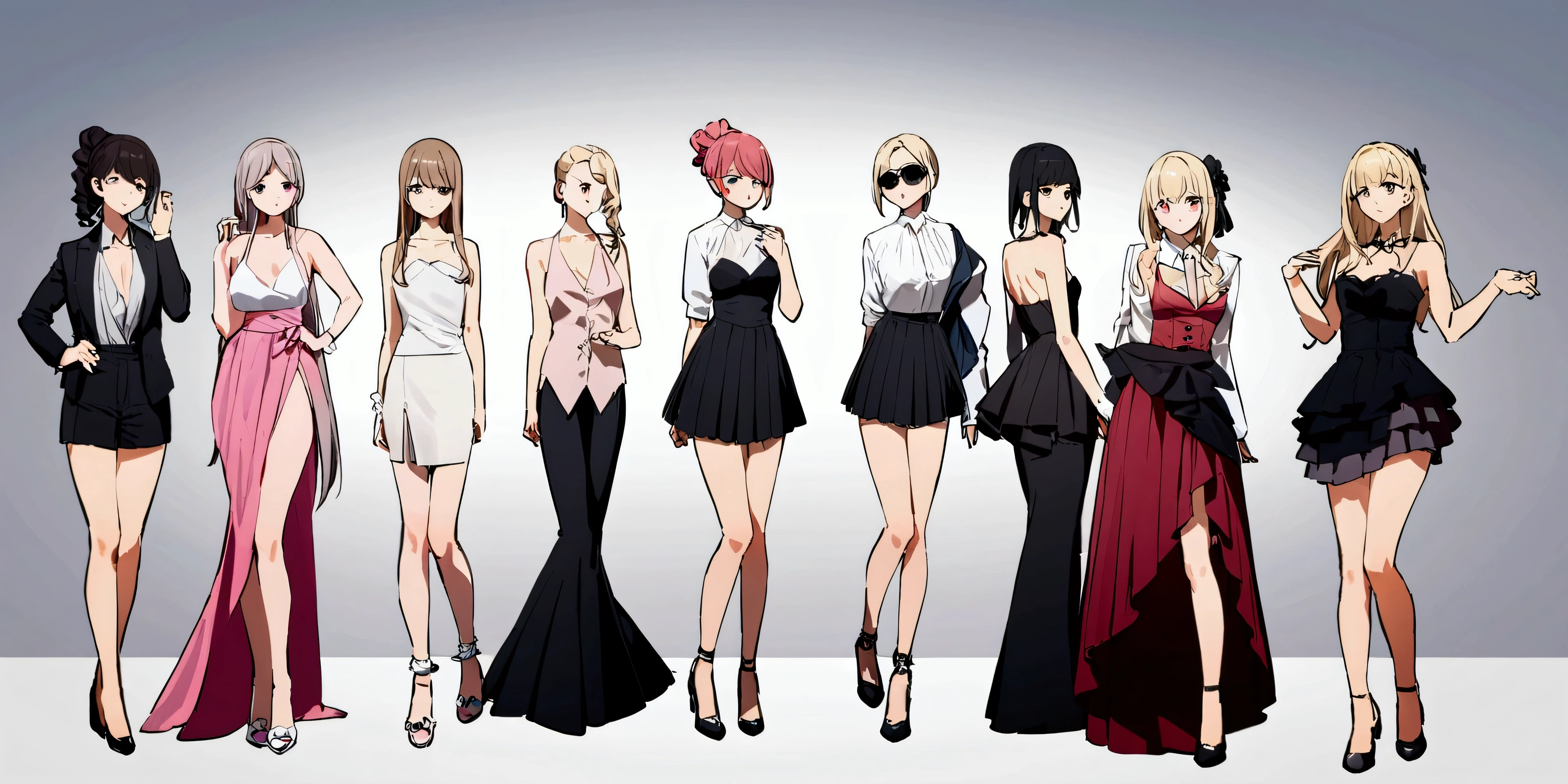 Mr.々There are many female mannequins in various poses lined up.、White background、Photo studio、Simple lighting effects、fashion、Mr.々Hairstyle、White、High quality、Ultra high definition、Fashionable clothes、カジュアルfashion、formal dress、Girly clothes、skirt、girl、
