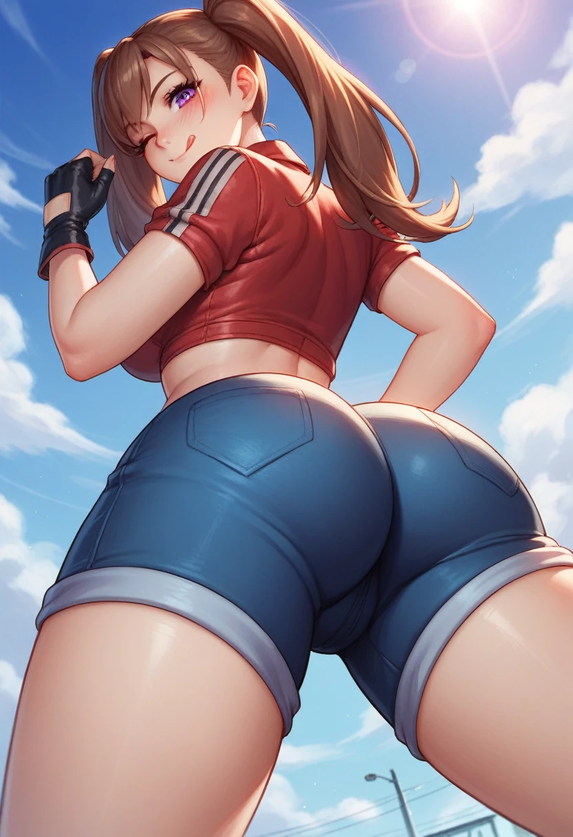 1girl, solo, purple eyes, brown hair, seven deadly sins, diane, tongue, one eye closed, tongue out, gloves, blush, fingerless gloves, twintails, giantess, looking at viewer, giant, long hair, ;p, :p, smile, close-up, ass, ass focus, below view,