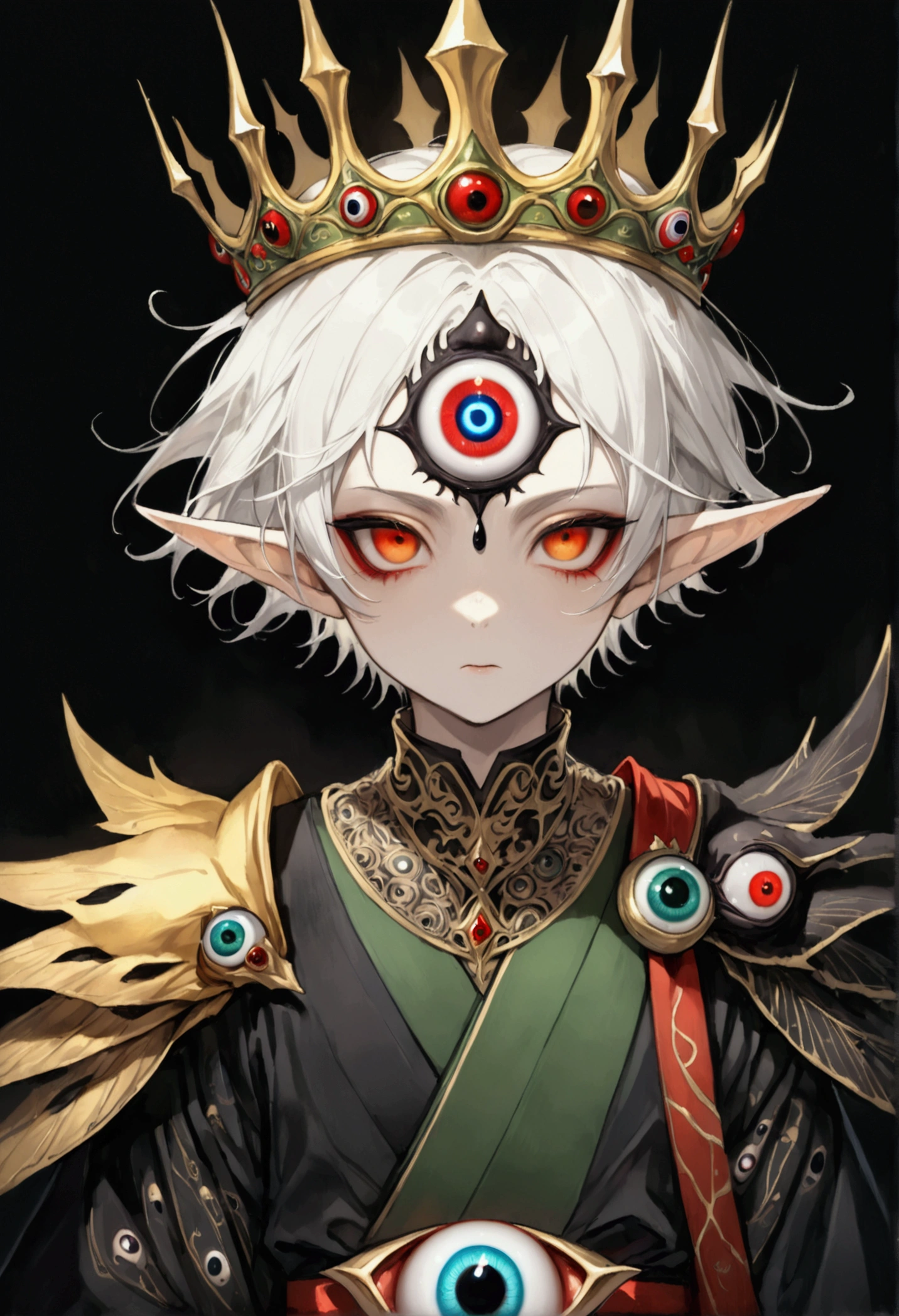 Japanese Anime,Second Dimension,Horror style,horror character,(((Three-eyed boy,独奏,third eye on the forehead,Dark eyeshadow,White short hair,Elf ears,Exaggerated golden crown-eyeball decoration))),(((Gorgeous Japanese red kimono,Eye pattern,Dark Pattern,Shoulder pads))).(((Thin waist,Green belt:1.6))).(style of santiago caruso,Tattoo on the neck),Ink smudged black background blur