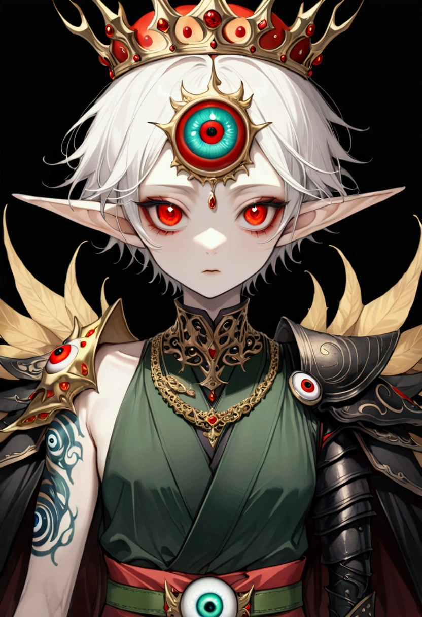 Japanese Anime,Second Dimension,Horror style,horror character,(((Three-eyed boy,独奏,third eye on the forehead:1.1.Dark eyeshadow,White short hair,Elf ears,Exaggerated golden crown-eyeball decoration))),(((Gorgeous Japanese red kimono,Eye pattern,Dark Pattern))).(((Thin waist,Green belt:1.6))).(style of santiago caruso,Tattoo on the neck),Ink smudged black background blur