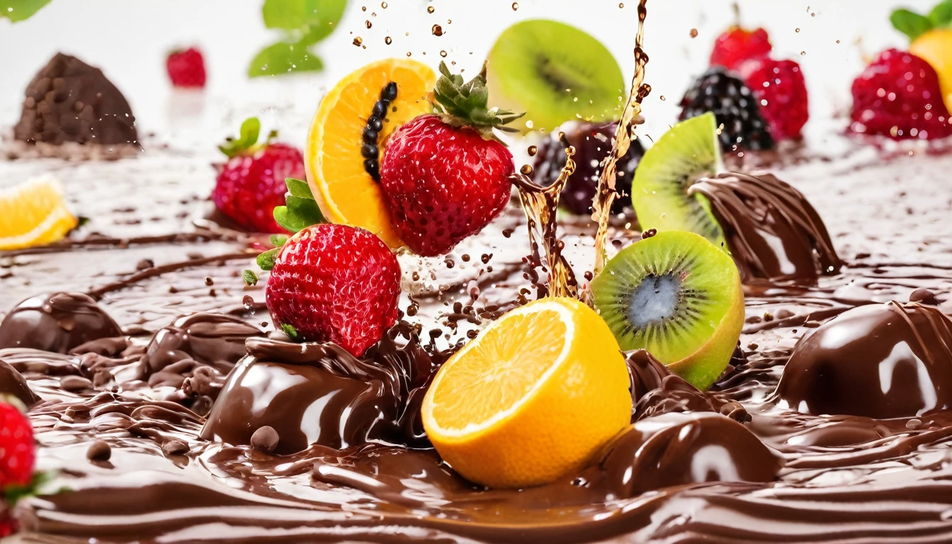 a picture of fruits splashing into chocolate like in a commercial
