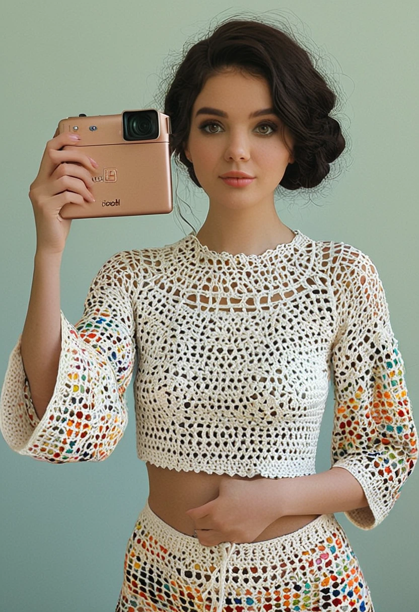 arafed woman taking a picture of herself in a mirror, an album cover inspired by Isobel Heath, instagram contest winner, process art, cropped wide sleeve, crochet skin, aesthetic!!!!, half body cropping, aesthetic!!, tinyest midriff ever, highly aesthetic, crochet, wearing amazing clothes, muted arm colors, detailed clothes, multi colored