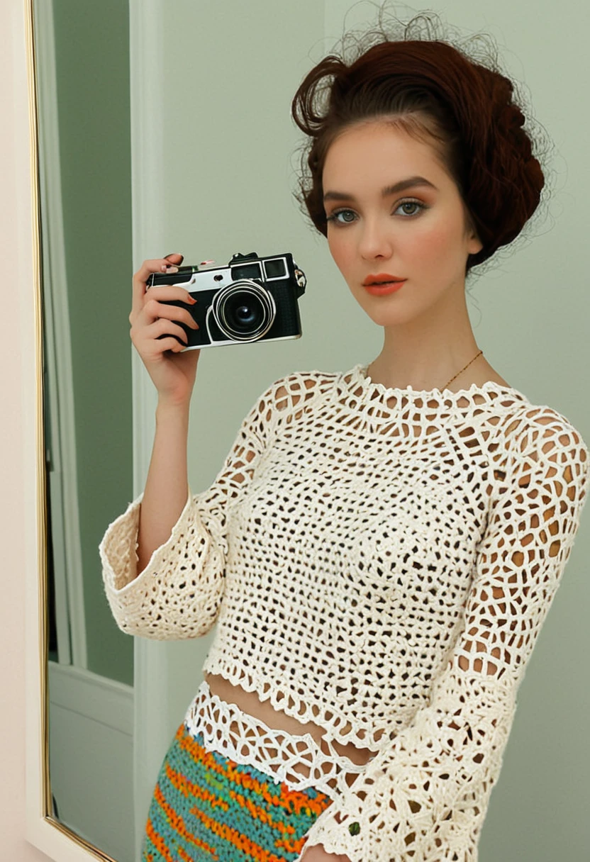 arafed woman taking a picture of herself in a mirror, an album cover inspired by Isobel Heath, instagram contest winner, process art, cropped wide sleeve, crochet skin, aesthetic!!!!, half body cropping, aesthetic!!, tinyest midriff ever, highly aesthetic, crochet, wearing amazing clothes, muted arm colors, detailed clothes, multi colored
