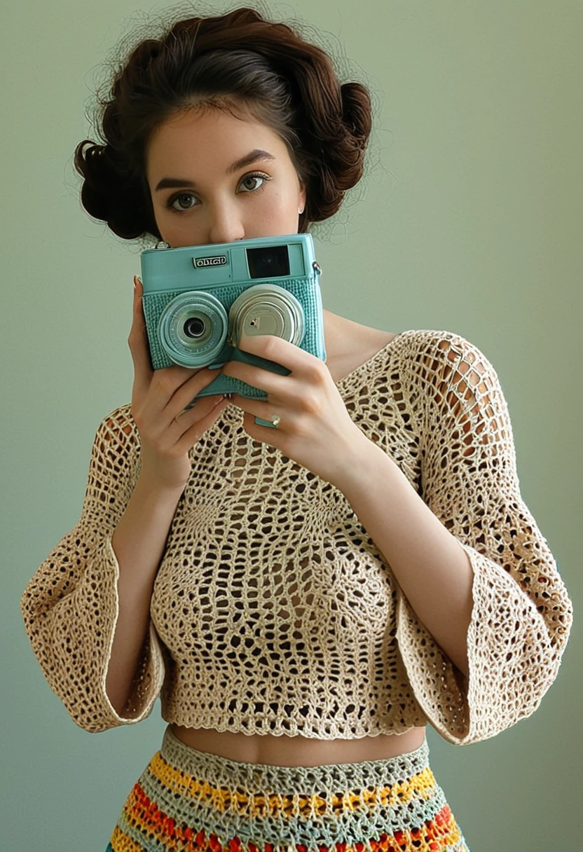 arafed woman taking a picture of herself in a mirror, an album cover inspired by Isobel Heath, instagram contest winner, process art, cropped wide sleeve, crochet skin, aesthetic!!!!, half body cropping, aesthetic!!, tinyest midriff ever, highly aesthetic, crochet, wearing amazing clothes, muted arm colors, detailed clothes, multi colored