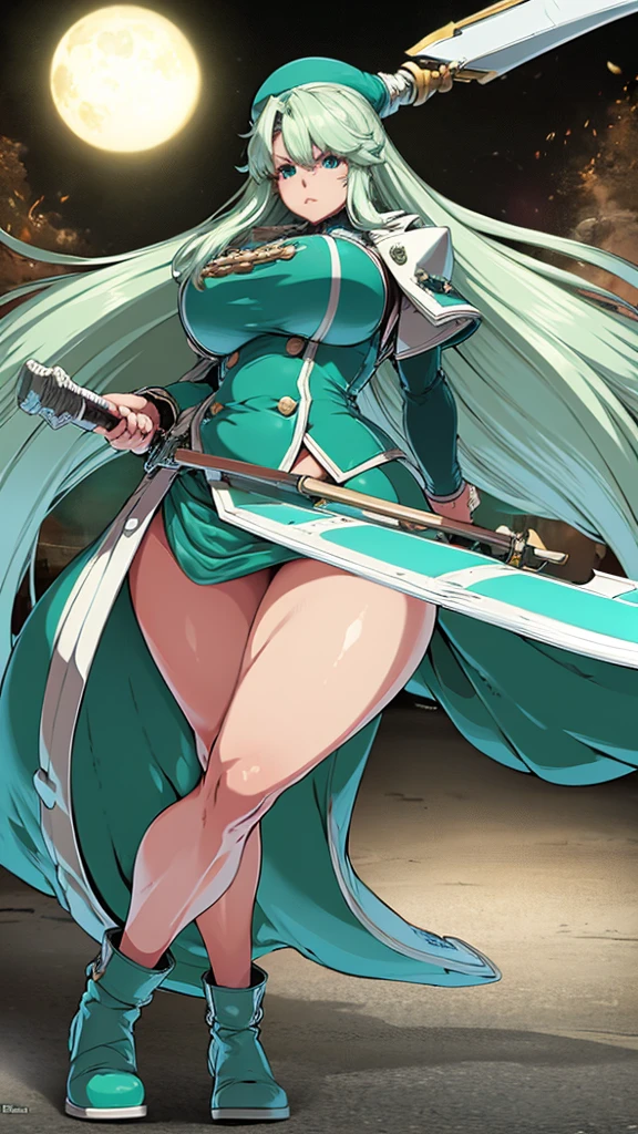 (high detailed)) 27 yo's woman, light cyan hair, green Pandora's clothes,big And round breasts, firm chunky body,angry expression,furious eyes,Green satellizer's outfit,Very long skirt, holding a mechanical handblade, action position, mouth opended, perfect anatomy