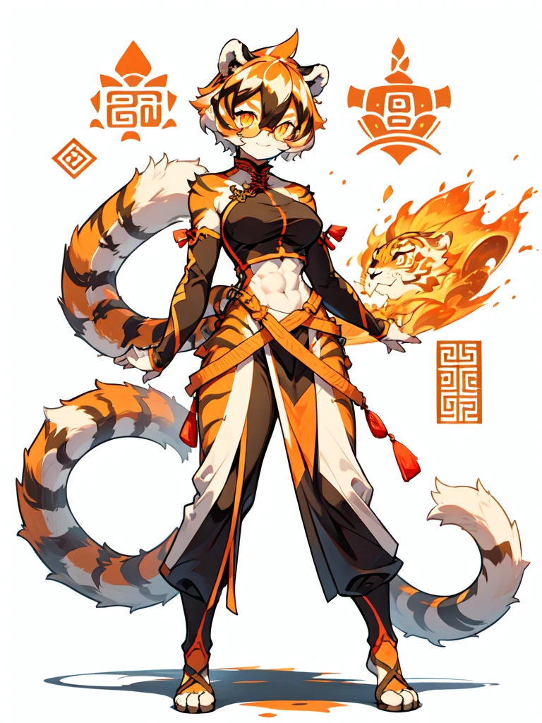 white background, full body,1girl,solo, Standing, animal ears, white hair, black hair, short hair, large breasts, Abdominal muscles,, tail, orange eyes, orange hair, multicolored hair, tiger girl, hair between eyes, tiger_ears, tiger_tail, orange-tinted_eyewear, tinted_eyewear, big breasts, evil smile, Shadows under feet, (((Chinese outfit:1.2))),